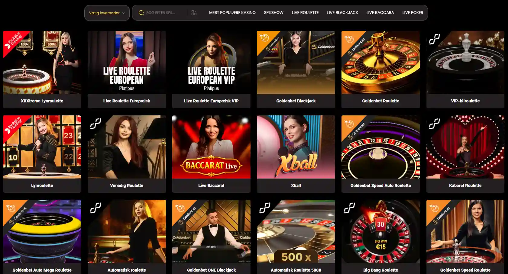 Goldenbet Livecasino-sektion med live-kategorier og udbyderfilter