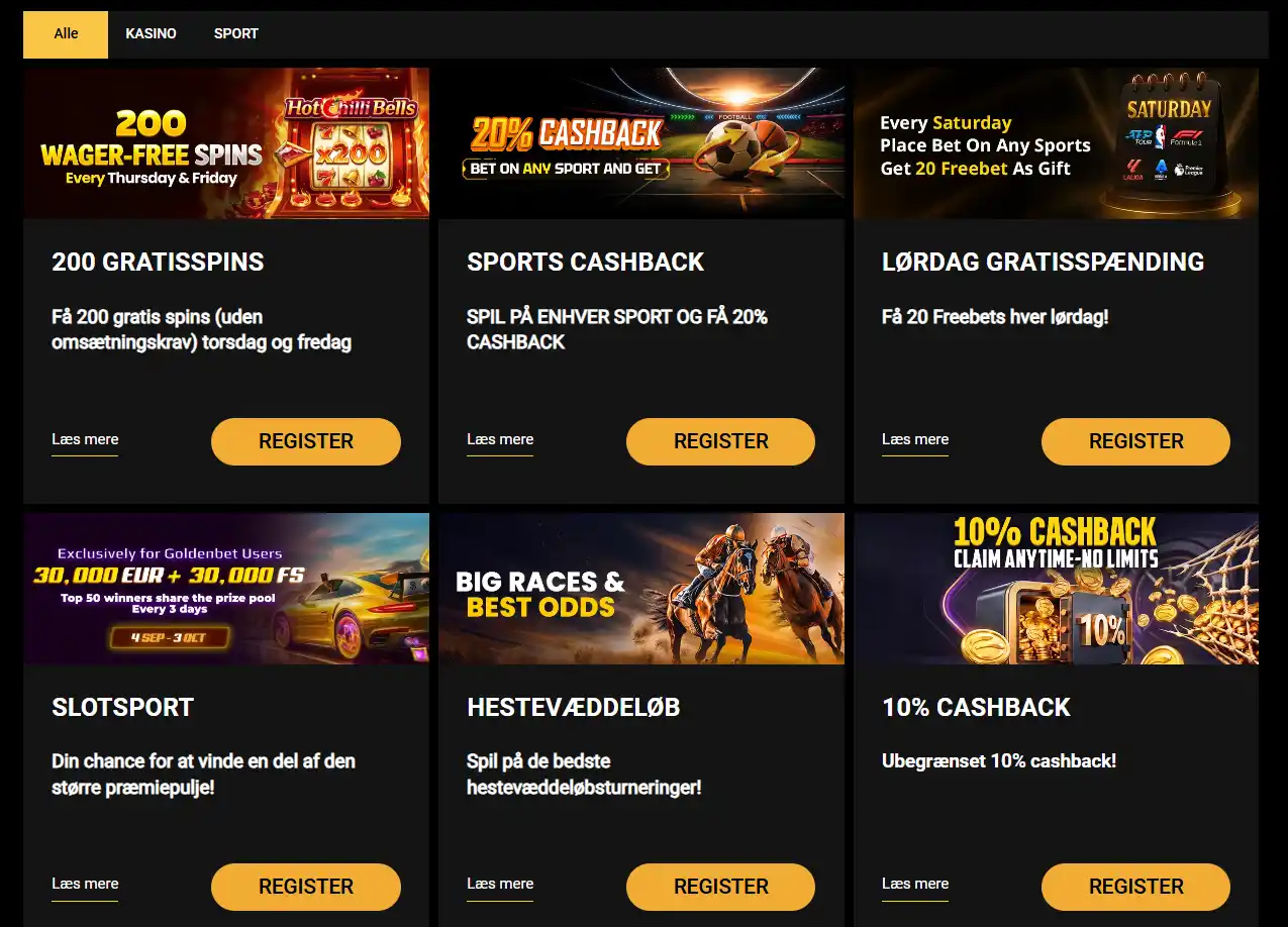 Skærmbillede af Goldenbets aktuelle kampagneside med aktive casino-kampagner