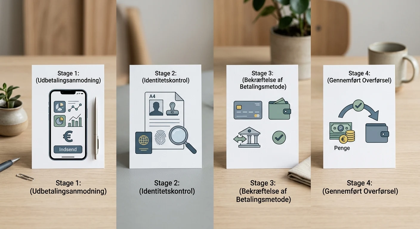 Illustration af et udbetalingsforløb med anmodning, KYC-kontrol, metodekontrol og udbetaling