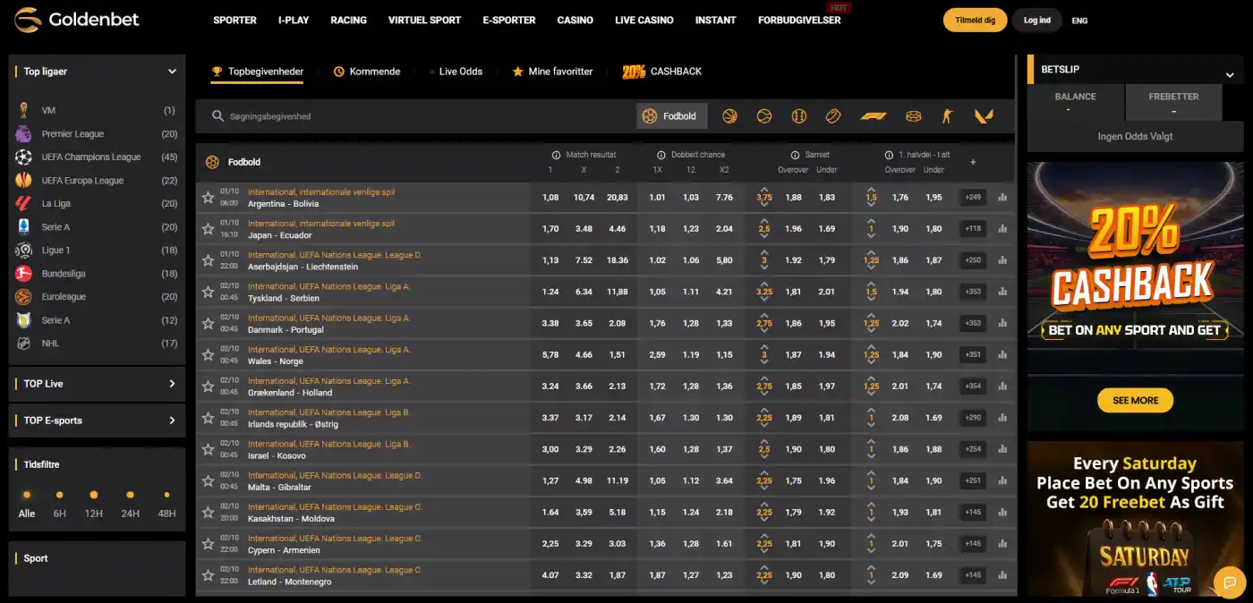 Goldenbet sportssektion med sports- og e-sport-navigation