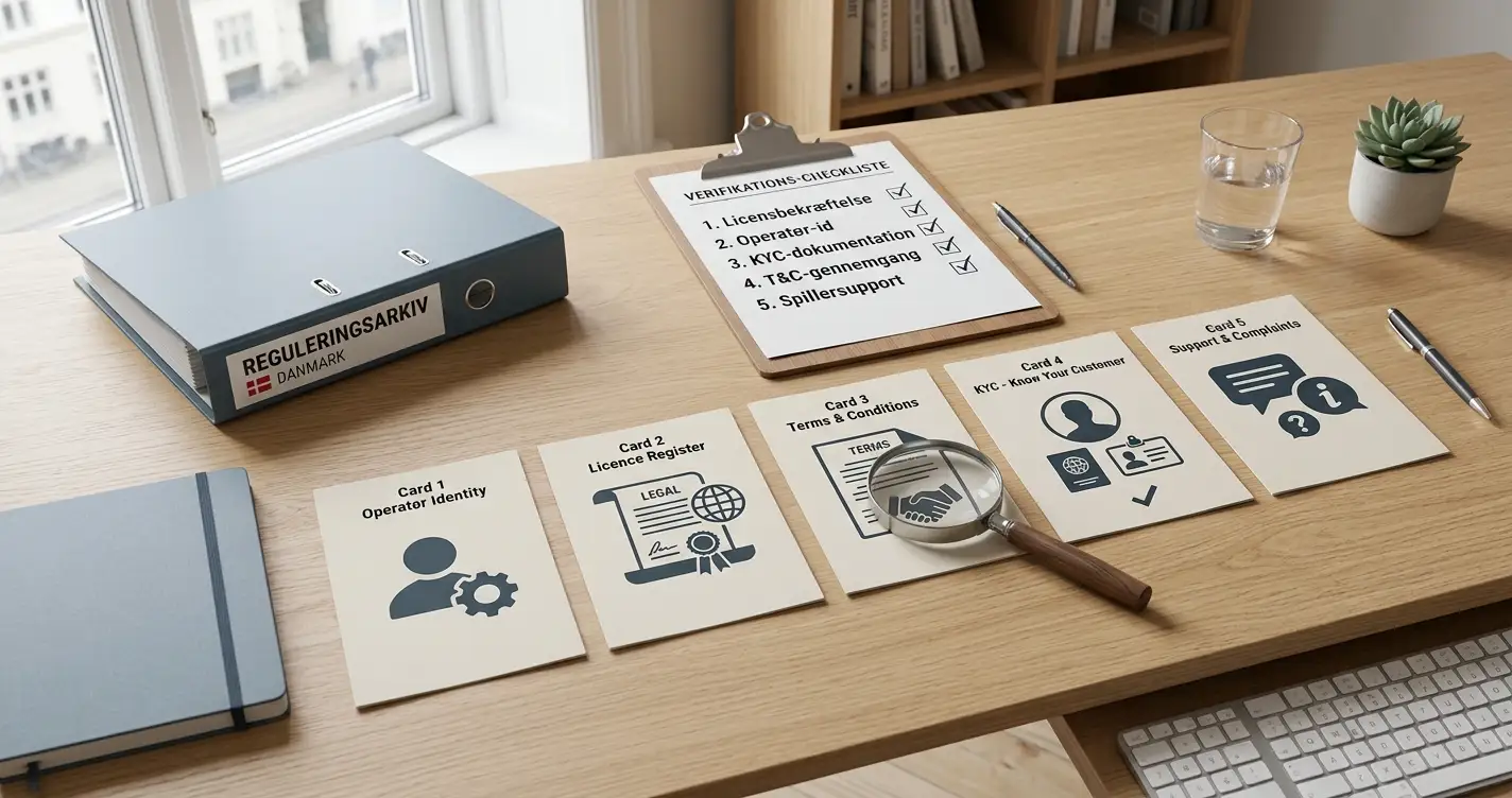 Illustreret tjekliste med licens, vilkår, KYC, kundeservice og klager