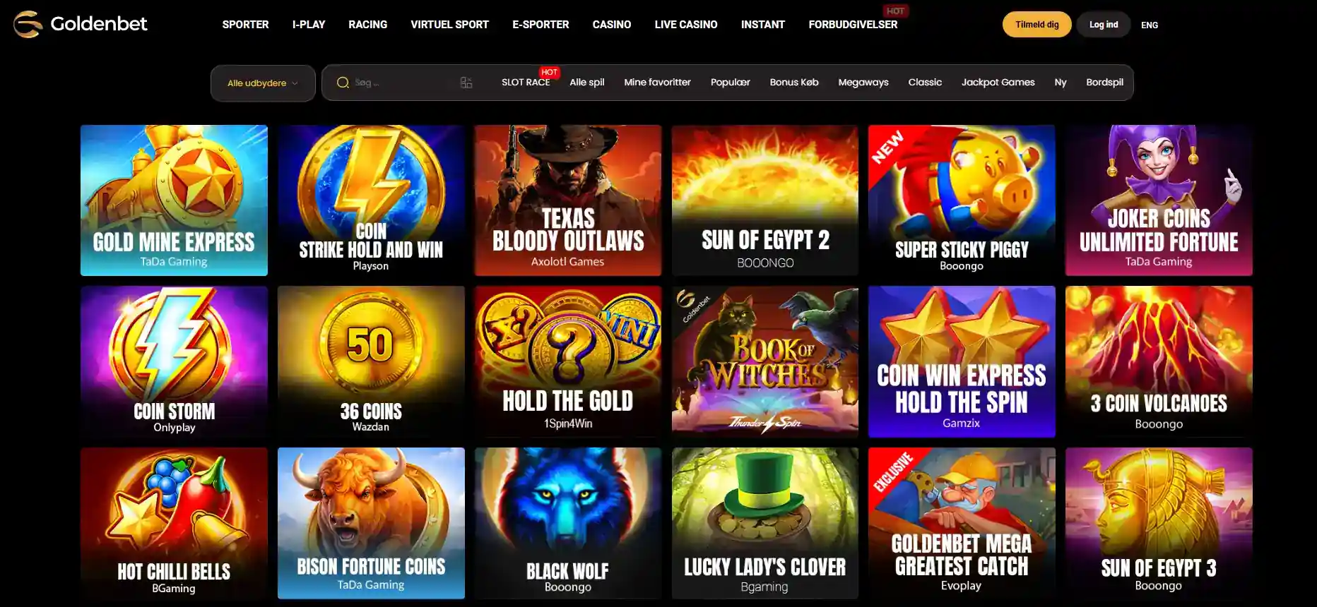Goldenbet casino-katalog med kategorier og navigation