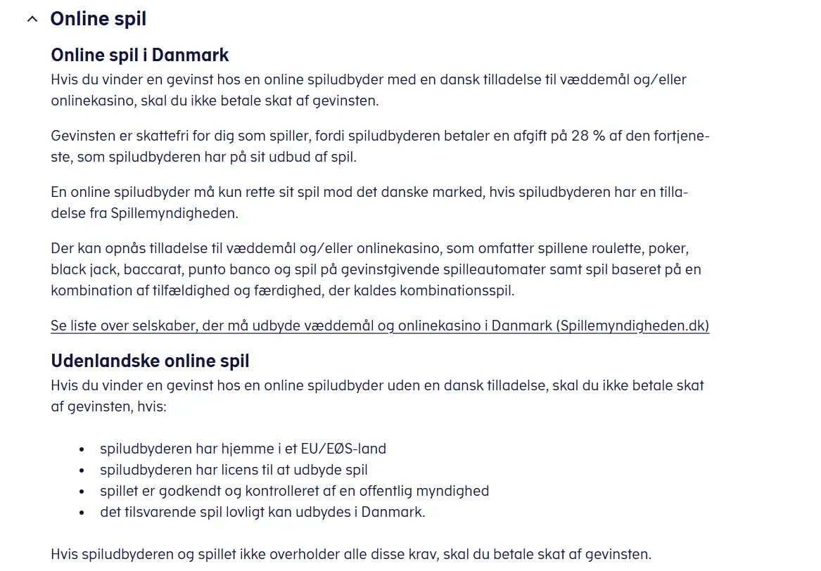 SKATs afsnit om udenlandske spil på nettet og betingelser for skattefrihed