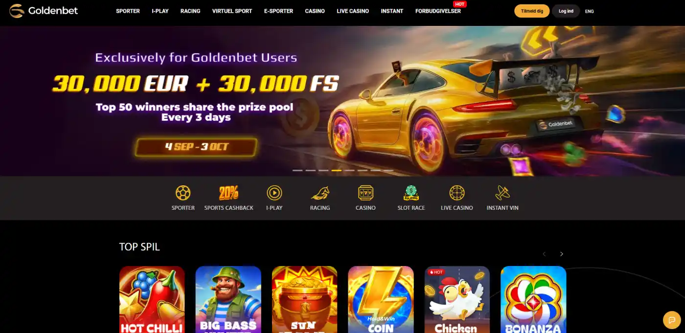 Skærmbillede af Goldenbets officielle produktnavigation